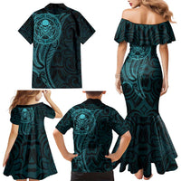 New Zealand Skull Darts Family Matching Mermaid Dress and Hawaiian Shirt Aotearoa Maori Chest Tattoo Stylized Teal - Polynesian Pride