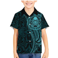 New Zealand Skull Darts Family Matching Mermaid Dress and Hawaiian Shirt Aotearoa Maori Chest Tattoo Stylized Teal - Polynesian Pride