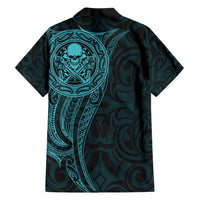 New Zealand Skull Darts Family Matching Off Shoulder Maxi Dress and Hawaiian Shirt Aotearoa Maori Chest Tattoo Stylized Teal - Polynesian Pride
