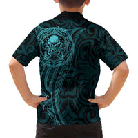 New Zealand Skull Darts Family Matching Off Shoulder Short Dress and Hawaiian Shirt Aotearoa Maori Chest Tattoo Stylized Teal - Polynesian Pride