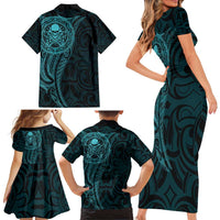 New Zealand Skull Darts Family Matching Short Sleeve Bodycon Dress and Hawaiian Shirt Aotearoa Maori Chest Tattoo Stylized Teal - Polynesian Pride