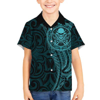 New Zealand Skull Darts Family Matching Summer Maxi Dress and Hawaiian Shirt Aotearoa Maori Chest Tattoo Stylized Teal - Polynesian Pride