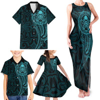 New Zealand Skull Darts Family Matching Tank Maxi Dress and Hawaiian Shirt Aotearoa Maori Chest Tattoo Stylized Teal - Polynesian Pride