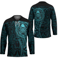 New Zealand Skull Darts Hockey Jersey Aotearoa Maori Chest Tattoo Stylized Teal - Polynesian Pride