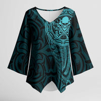 New Zealand Skull Darts Kimono Sleeve Blouse Aotearoa Maori Chest Tattoo Stylized Teal - Polynesian Pride