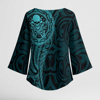 New Zealand Skull Darts Kimono Sleeve Blouse Aotearoa Maori Chest Tattoo Stylized Teal - Polynesian Pride