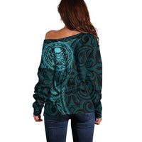 New Zealand Skull Darts Off Shoulder Sweater Aotearoa Maori Chest Tattoo Stylized Teal - Polynesian Pride