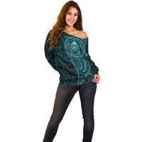 New Zealand Skull Darts Off Shoulder Sweater Aotearoa Maori Chest Tattoo Stylized Teal - Polynesian Pride