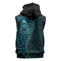New Zealand Skull Darts Sleeveless Hoodie Aotearoa Maori Chest Tattoo Stylized Teal - Polynesian Pride