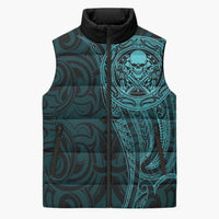 New Zealand Skull Darts Sleeveless Puffer Jacket Aotearoa Maori Chest Tattoo Stylized Teal - Polynesian Pride