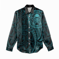 New Zealand Skull Darts Women Casual Shirt Aotearoa Maori Chest Tattoo Stylized Teal - Polynesian Pride