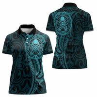 New Zealand Skull Darts Women Polo Shirt Aotearoa Maori Chest Tattoo Stylized Teal - Polynesian Pride