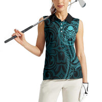 New Zealand Skull Darts Women Sleeveless Polo Shirt Aotearoa Maori Chest Tattoo Stylized Teal - Polynesian Pride
