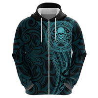New Zealand Skull Darts Zip Hoodie Aotearoa Maori Chest Tattoo Stylized Teal - Polynesian Pride
