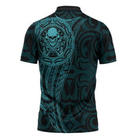 New Zealand Skull Darts Zipper Polo Shirt Aotearoa Maori Chest Tattoo Stylized Teal - Polynesian Pride