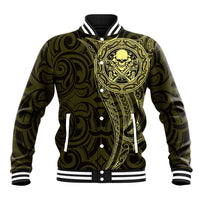New Zealand Skull Darts Baseball Jacket Aotearoa Maori Chest Tattoo Stylized Gold - Polynesian Pride