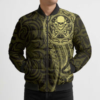 New Zealand Skull Darts Bomber Puffer Jacket Aotearoa Maori Chest Tattoo Stylized Gold - Polynesian Pride