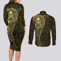 New Zealand Skull Darts Couples Matching Long Sleeve Bodycon Dress and Long Sleeve Button Shirt Aotearoa Maori Chest Tattoo Stylized Gold - Polynesian Pride
