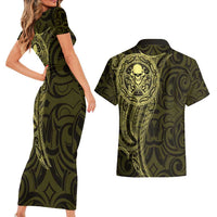 New Zealand Skull Darts Couples Matching Short Sleeve Bodycon Dress and Hawaiian Shirt Aotearoa Maori Chest Tattoo Stylized Gold - Polynesian Pride