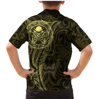 New Zealand Skull Darts Family Matching Mermaid Dress and Hawaiian Shirt Aotearoa Maori Chest Tattoo Stylized Gold - Polynesian Pride