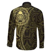 New Zealand Skull Darts Family Matching Off The Shoulder Long Sleeve Dress and Hawaiian Shirt Aotearoa Maori Chest Tattoo Stylized Gold - Polynesian Pride