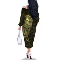 New Zealand Skull Darts Family Matching Off The Shoulder Long Sleeve Dress and Hawaiian Shirt Aotearoa Maori Chest Tattoo Stylized Gold - Polynesian Pride