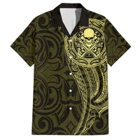 New Zealand Skull Darts Family Matching Summer Maxi Dress and Hawaiian Shirt Aotearoa Maori Chest Tattoo Stylized Gold - Polynesian Pride