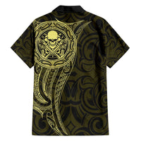 New Zealand Skull Darts Family Matching Summer Maxi Dress and Hawaiian Shirt Aotearoa Maori Chest Tattoo Stylized Gold - Polynesian Pride