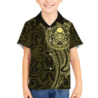New Zealand Skull Darts Family Matching Summer Maxi Dress and Hawaiian Shirt Aotearoa Maori Chest Tattoo Stylized Gold - Polynesian Pride