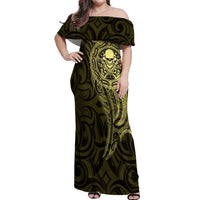 New Zealand Skull Darts Off Shoulder Maxi Dress Aotearoa Maori Chest Tattoo Stylized Gold - Polynesian Pride