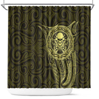 New Zealand Skull Darts Shower Curtain Aotearoa Maori Chest Tattoo Stylized Gold - Polynesian Pride