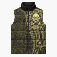 New Zealand Skull Darts Sleeveless Puffer Jacket Aotearoa Maori Chest Tattoo Stylized Gold - Polynesian Pride