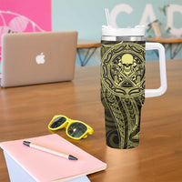 New Zealand Skull Darts Tumbler With Handle Aotearoa Maori Chest Tattoo Stylized Gold - Polynesian Pride