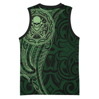New Zealand Skull Darts Basketball Jersey Aotearoa Maori Chest Tattoo Stylized Green - Polynesian Pride