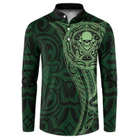 New Zealand Skull Darts Button Sweatshirt Aotearoa Maori Chest Tattoo Stylized Green - Polynesian Pride