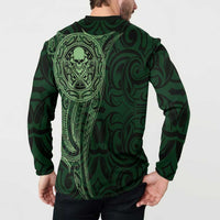 New Zealand Skull Darts Button Sweatshirt Aotearoa Maori Chest Tattoo Stylized Green - Polynesian Pride