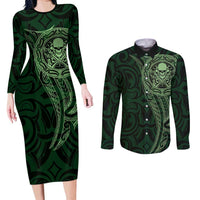New Zealand Skull Darts Couples Matching Long Sleeve Bodycon Dress and Long Sleeve Button Shirt Aotearoa Maori Chest Tattoo Stylized Green - Polynesian Pride