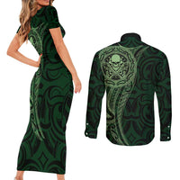 New Zealand Skull Darts Couples Matching Short Sleeve Bodycon Dress and Long Sleeve Button Shirt Aotearoa Maori Chest Tattoo Stylized Green - Polynesian Pride