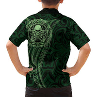 New Zealand Skull Darts Family Matching Long Sleeve Bodycon Dress and Hawaiian Shirt Aotearoa Maori Chest Tattoo Stylized Green - Polynesian Pride