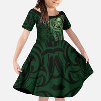 New Zealand Skull Darts Family Matching Off The Shoulder Long Sleeve Dress and Hawaiian Shirt Aotearoa Maori Chest Tattoo Stylized Green - Polynesian Pride