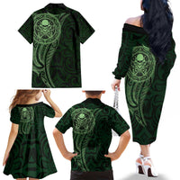 New Zealand Skull Darts Family Matching Off The Shoulder Long Sleeve Dress and Hawaiian Shirt Aotearoa Maori Chest Tattoo Stylized Green - Polynesian Pride