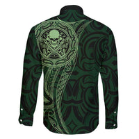 New Zealand Skull Darts Family Matching Off Shoulder Maxi Dress and Hawaiian Shirt Aotearoa Maori Chest Tattoo Stylized Green - Polynesian Pride
