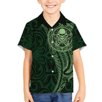 New Zealand Skull Darts Family Matching Off Shoulder Short Dress and Hawaiian Shirt Aotearoa Maori Chest Tattoo Stylized Green - Polynesian Pride