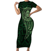 New Zealand Skull Darts Family Matching Short Sleeve Bodycon Dress and Hawaiian Shirt Aotearoa Maori Chest Tattoo Stylized Green - Polynesian Pride