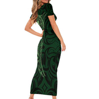 New Zealand Skull Darts Family Matching Short Sleeve Bodycon Dress and Hawaiian Shirt Aotearoa Maori Chest Tattoo Stylized Green - Polynesian Pride