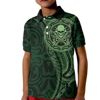 New Zealand Skull Darts Kid Polo Shirt Aotearoa Maori Chest Tattoo Stylized Green - Polynesian Pride
