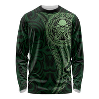 New Zealand Skull Darts Long Sleeve Shirt Aotearoa Maori Chest Tattoo Stylized Green - Polynesian Pride