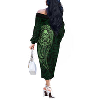 New Zealand Skull Darts Off The Shoulder Long Sleeve Dress Aotearoa Maori Chest Tattoo Stylized Green - Polynesian Pride