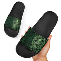 New Zealand Skull Darts Slide Sandals Aotearoa Maori Chest Tattoo Stylized Green - Polynesian Pride