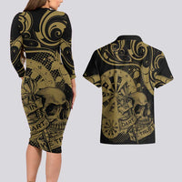 New Zealand Darts Couples Matching Long Sleeve Bodycon Dress and Hawaiian Shirt Skull In Dart We Trust Maori Pattern - Polynesian Pride